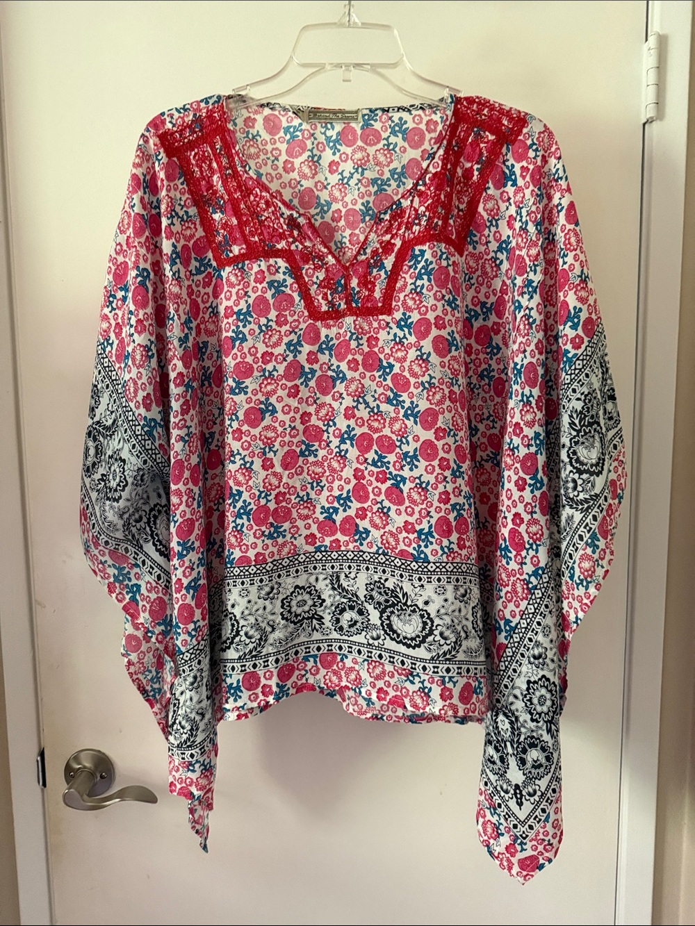 Embroidered Bohemian Floral Split-Neck Tunic in Pink and Teal